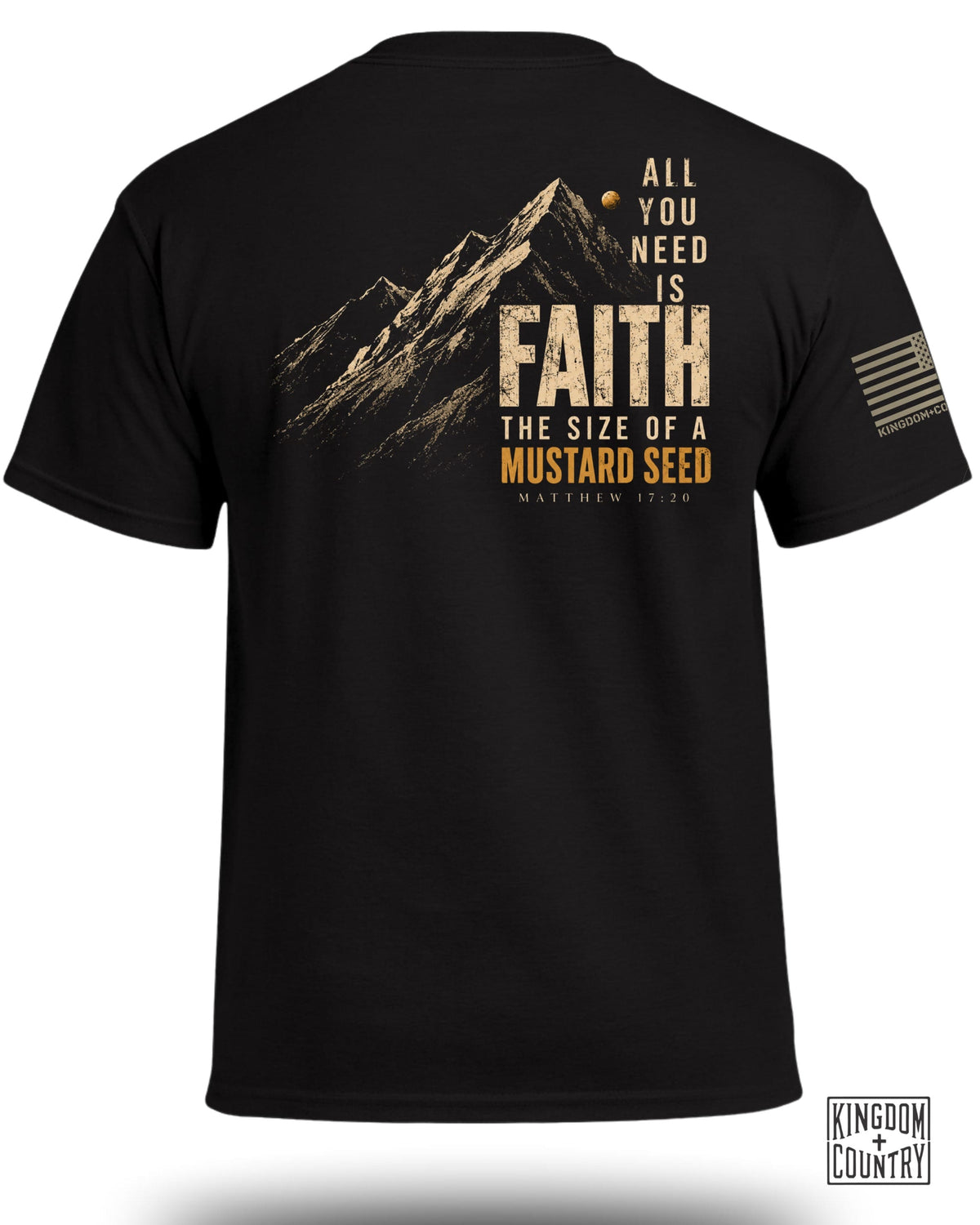 Black t-shirt with mountains, faith text, mustard seed, and Kingdom+Co logo.