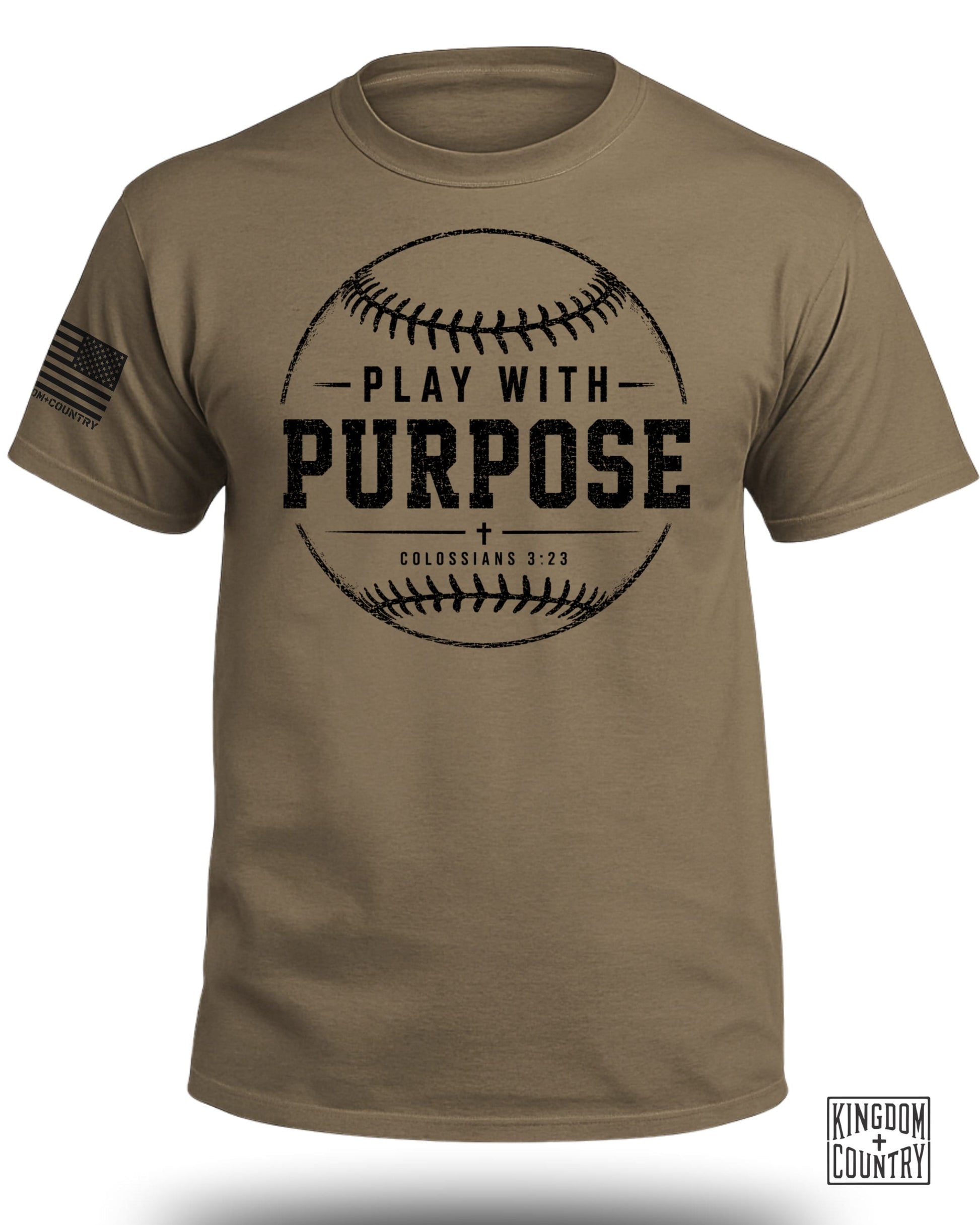 Tan t-shirt with a distressed baseball graphic and text "PLAY WITH PURPOSE".