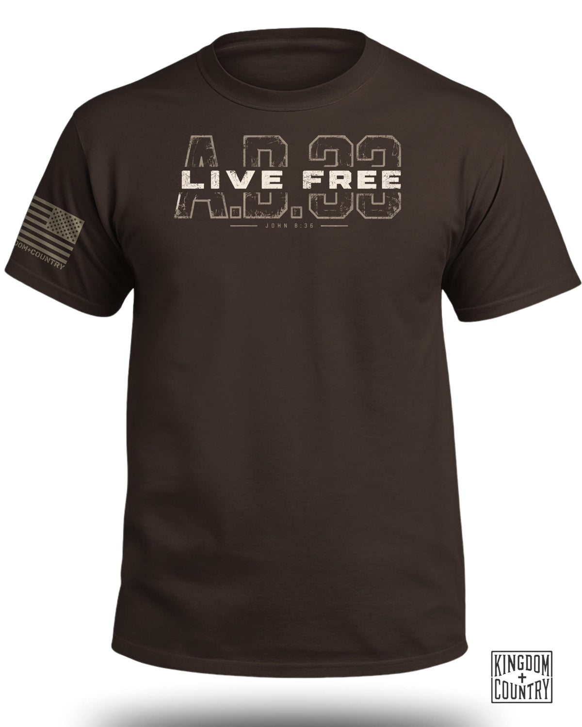 Brown crewneck t-shirt with the distressed text Live Free AD 33 and John 8:36 on the chest.