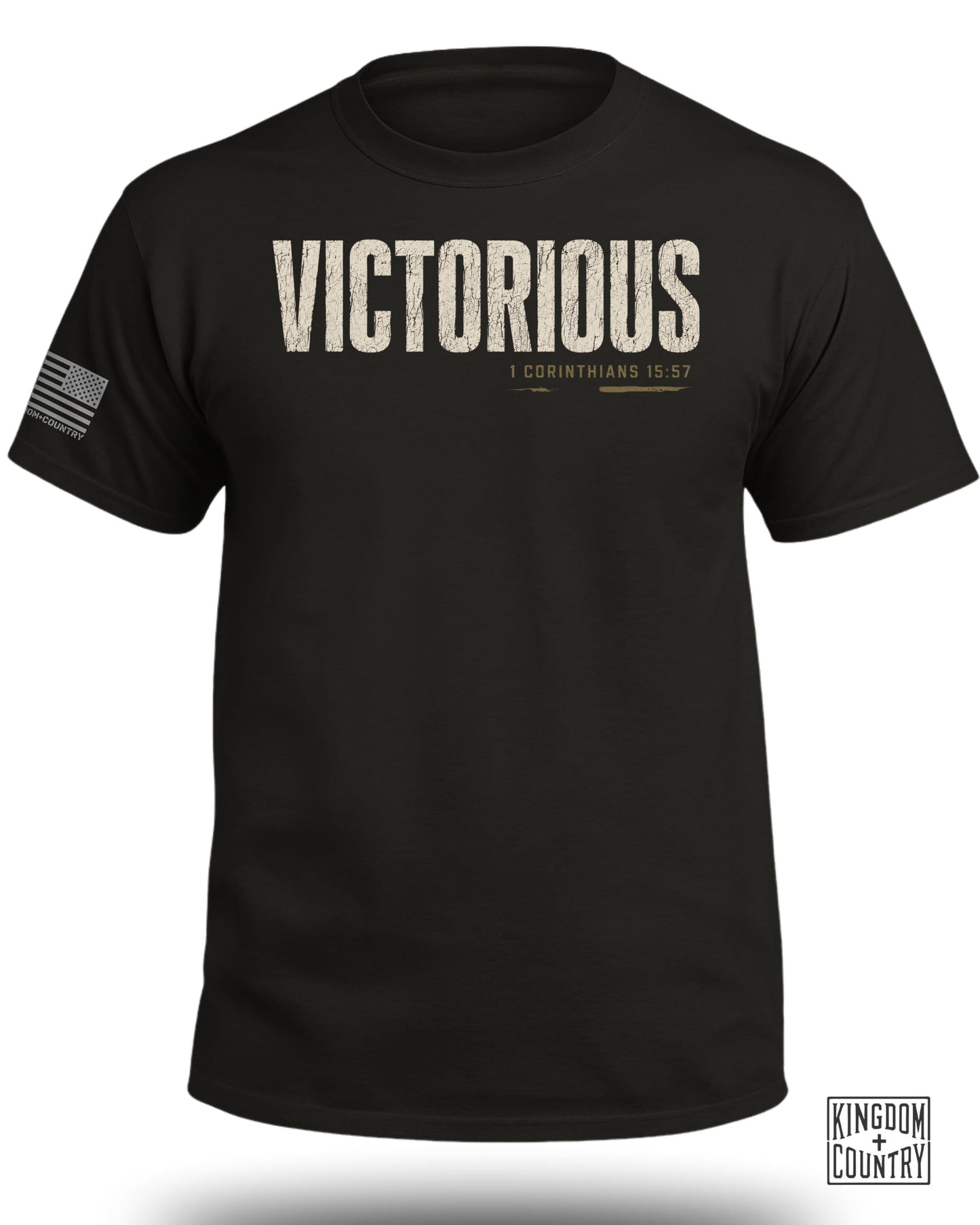 Black t-shirt with "VICTORIOUS 1 CORINTHIANS 15:57" printed on front.