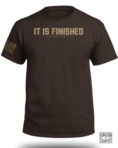 Brown t-shirt with "IT IS FINISHED JOHN 19:30" and American flag graphic.