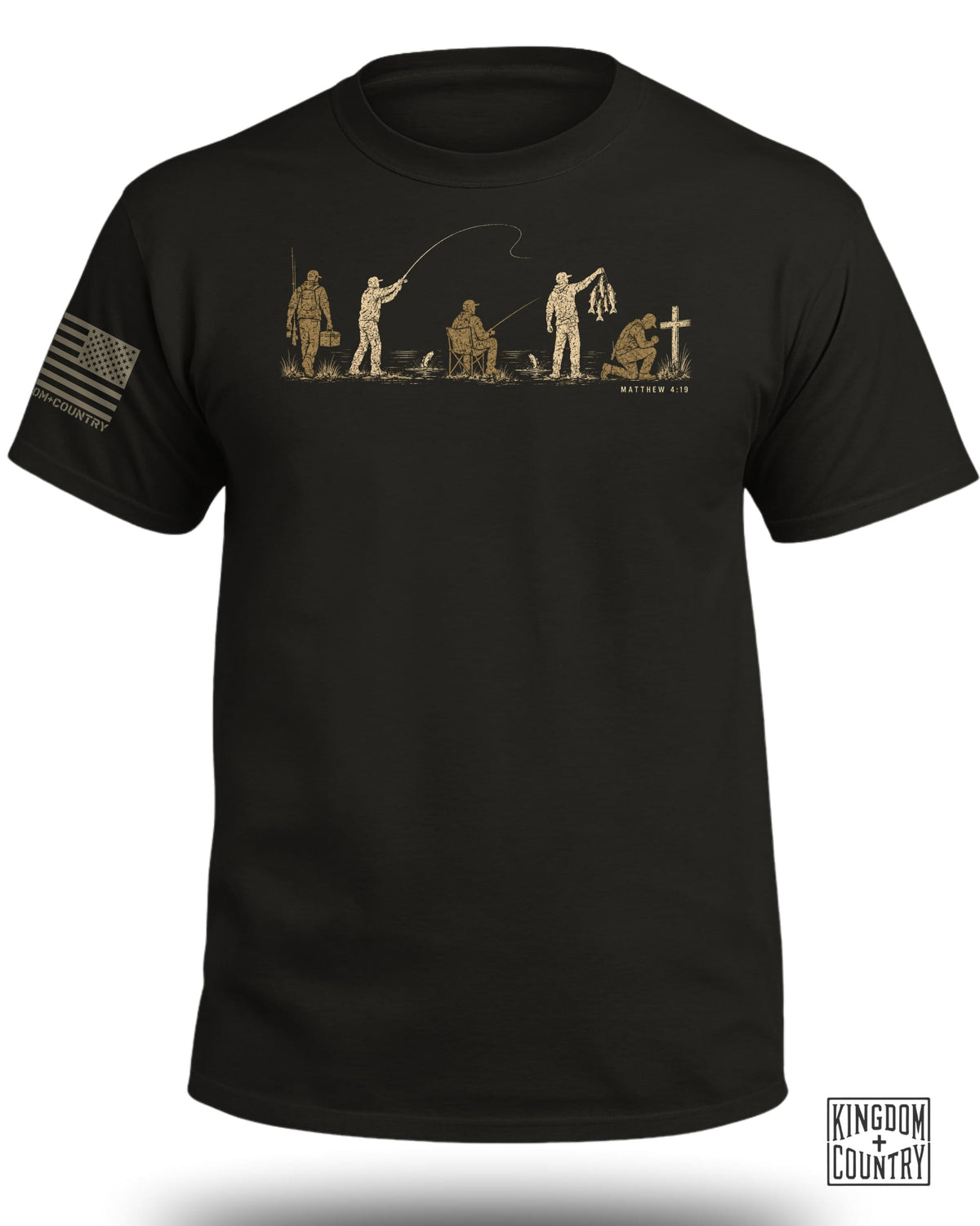 Black t-shirt with graphic of fishermen and kneeling figure with cross, "Matthew 4:19".