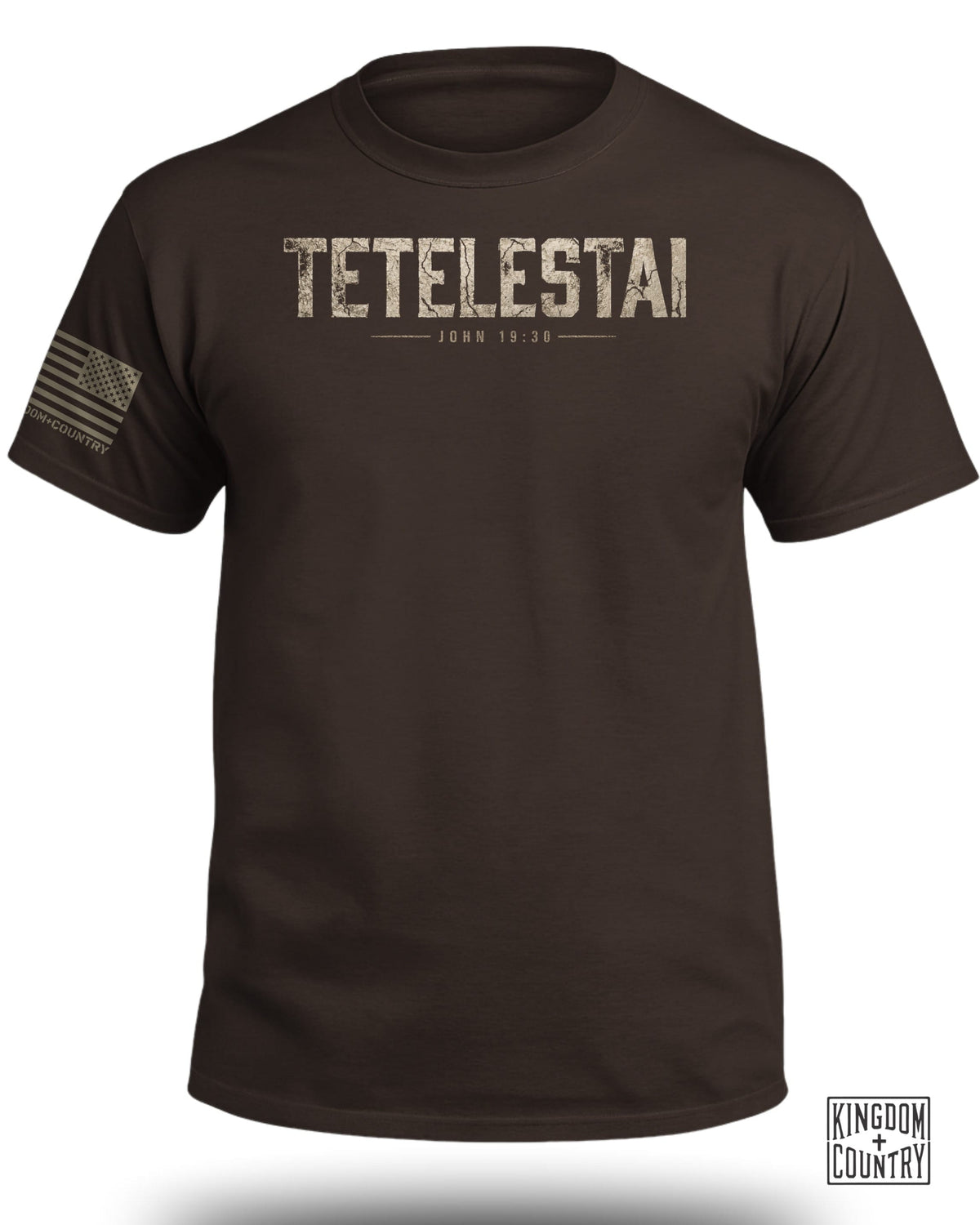 Brown t-shirt with "TETELSTAI JOHN 19:30" text and American flag sleeve detail.