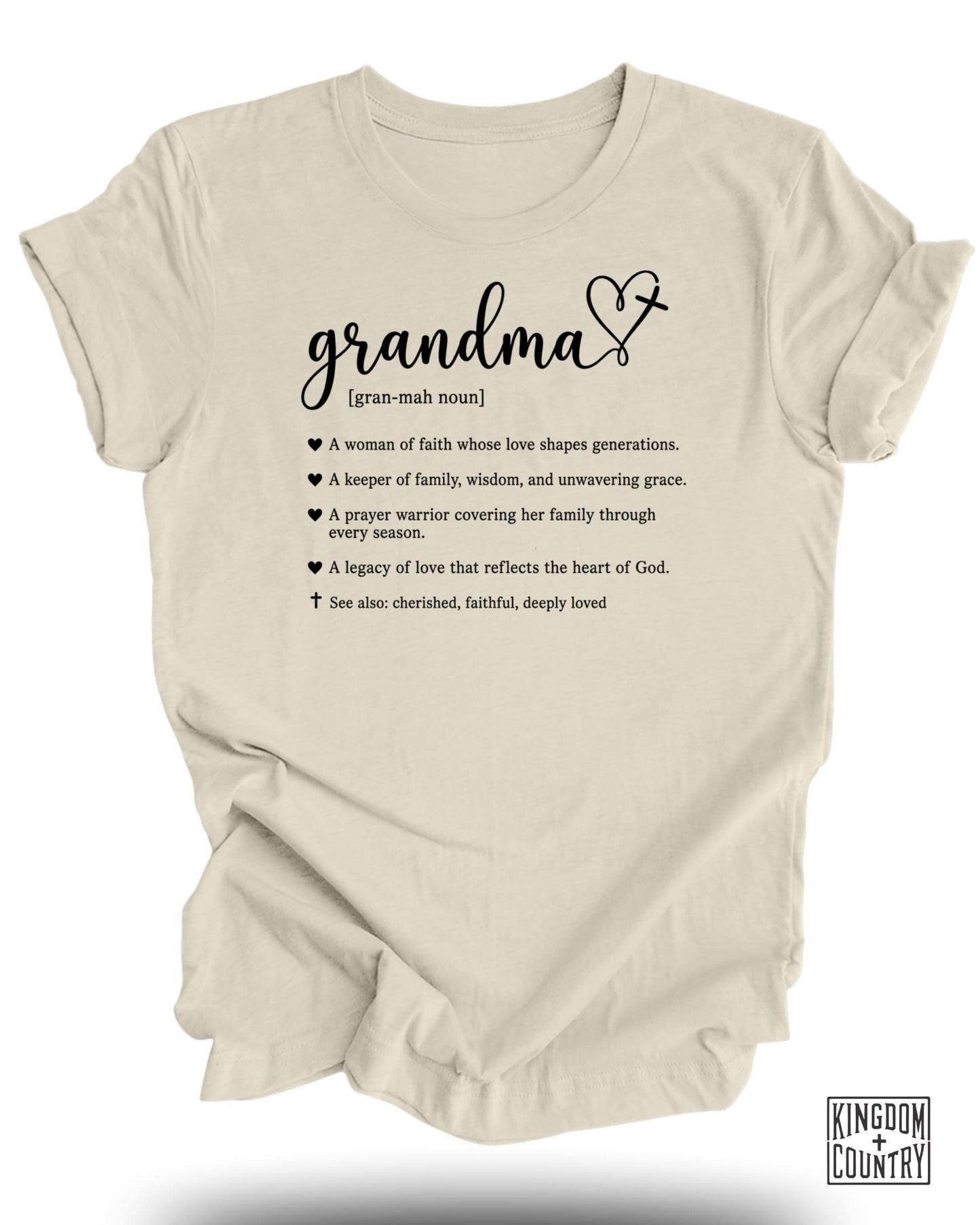 Cream t-shirt with "Grandma" text and a list of descriptive phrases.
