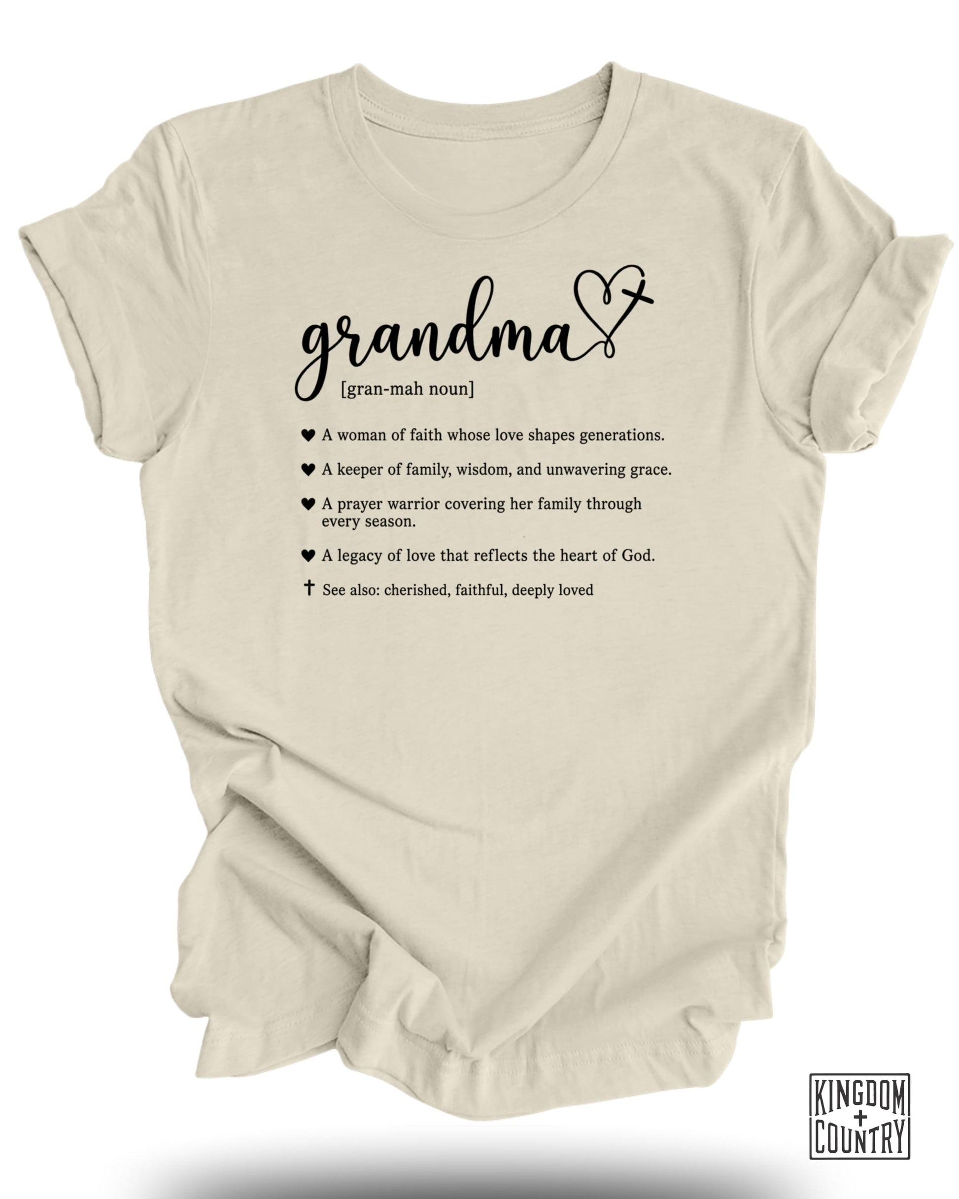 Cream t-shirt with "Grandma" text and a list of descriptive phrases.