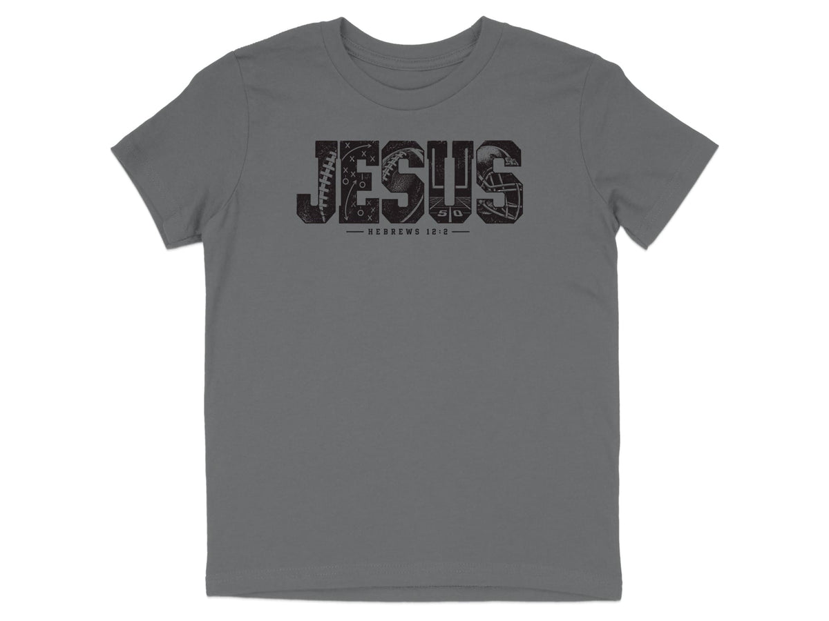 Grey t-shirt with distressed "JESUS" text incorporating football imagery and Hebrews 12:2.