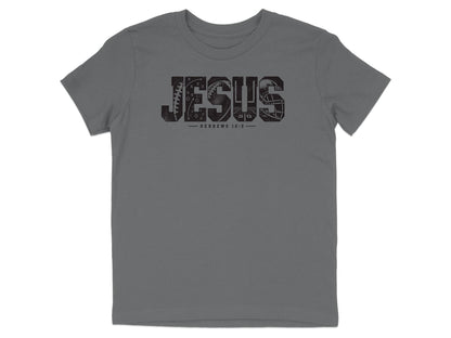 Grey t-shirt with distressed "JESUS" text incorporating football imagery and Hebrews 12:2.