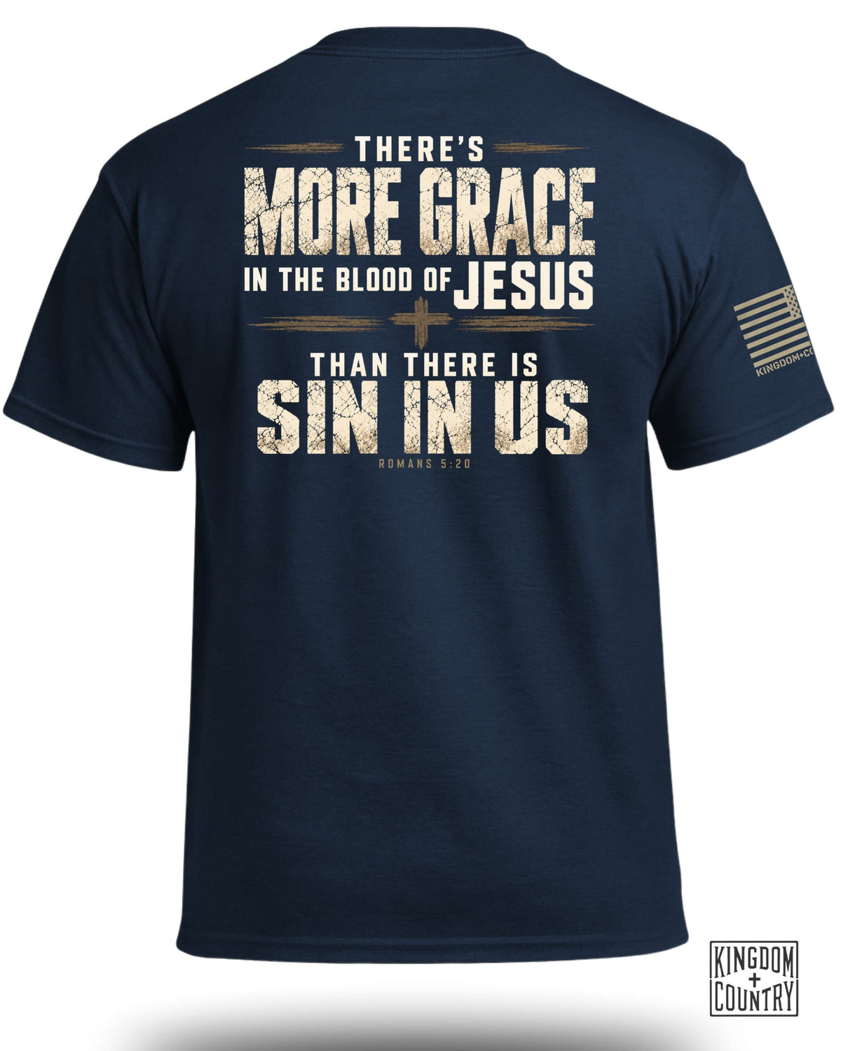 Back of a navy blue t-shirt featuring Christian text and a cross graphic.