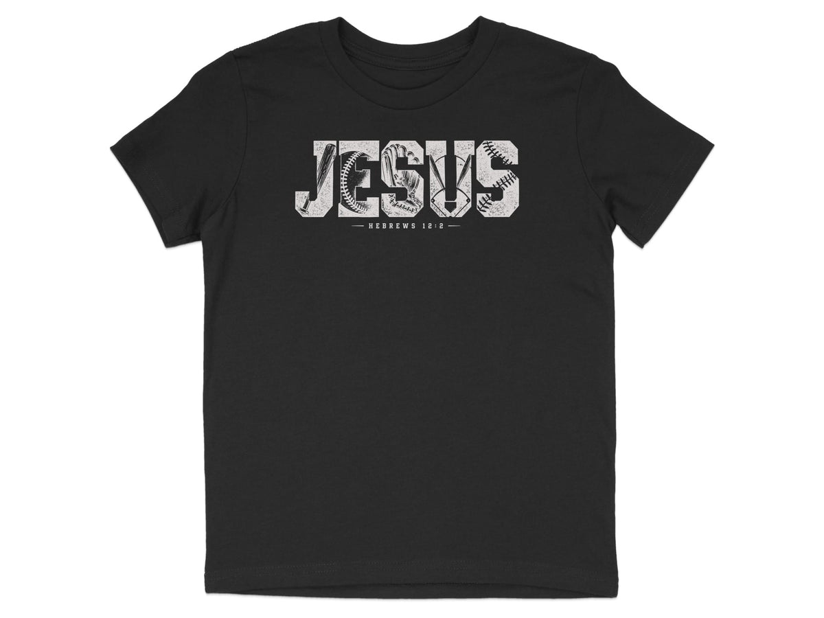 Black t-shirt with "JESUS" spelled out with baseball imagery and Hebrews 12:2.