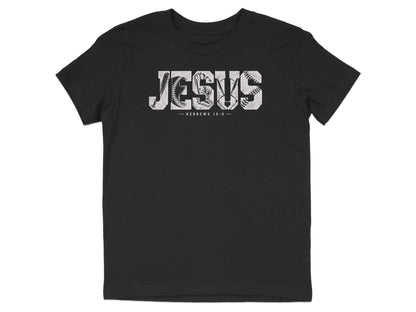 Black t-shirt with "JESUS" spelled out with baseball imagery and Hebrews 12:2.