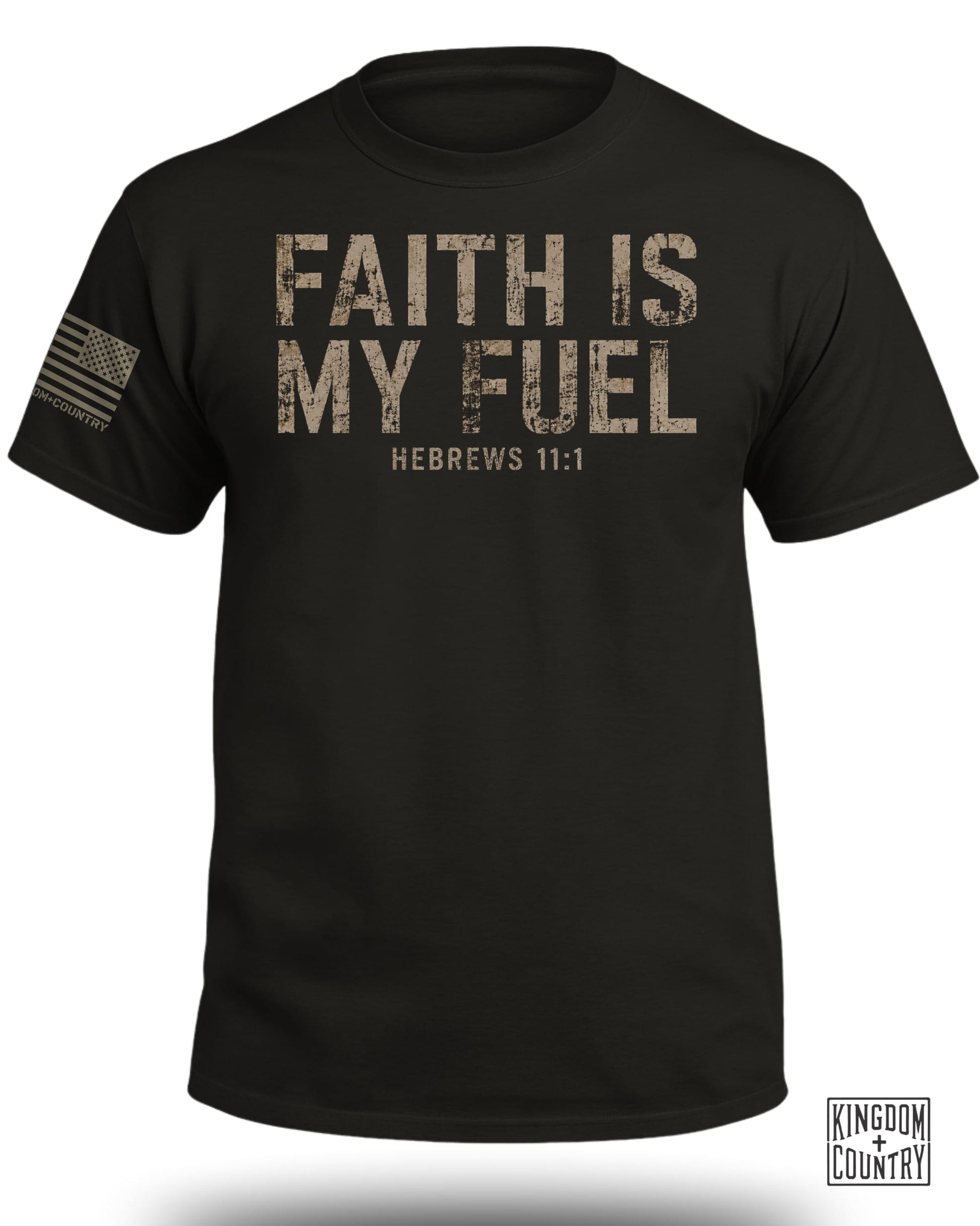 Black t-shirt with "FAITH IS MY FUEL HEBREWS 11:1" text and American flag patch.