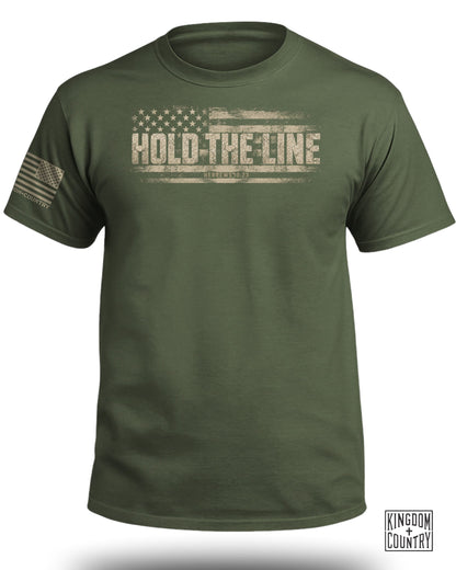 Olive green t-shirt with "HOLD THE LINE" and Hebrews 10:23, with US flag detail.