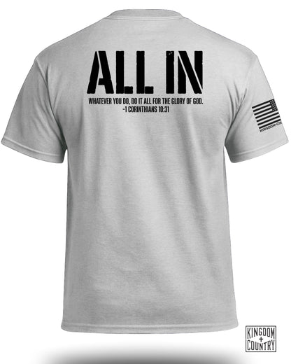 Gray t-shirt with "ALL IN" and Bible verse on the back.
