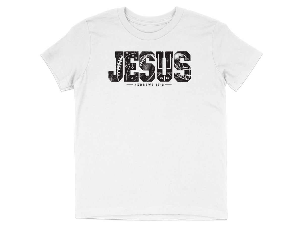 White t-shirt with "JESUS" in distressed block letters, incorporating football elements.