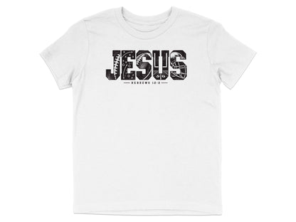 White t-shirt with "JESUS" in distressed block letters, incorporating football elements.