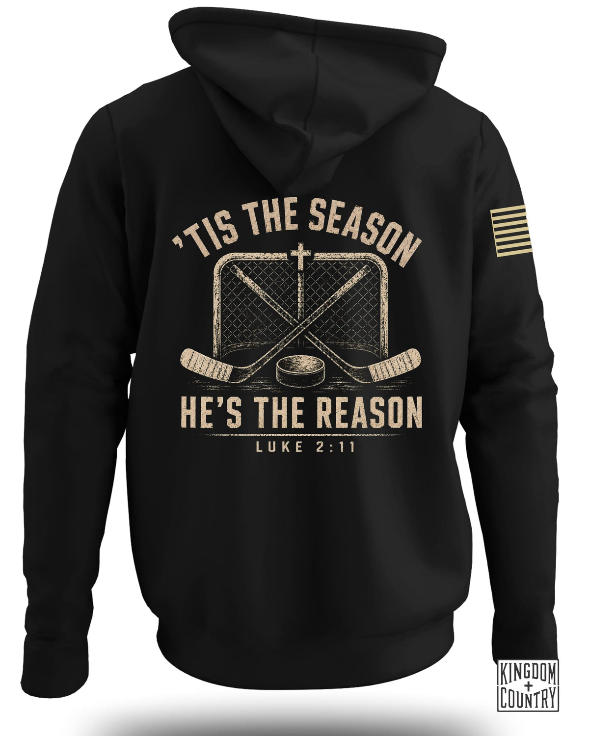 Back view of a black hooded sweatshirt with text, a hockey net, crossed sticks, and a puck.