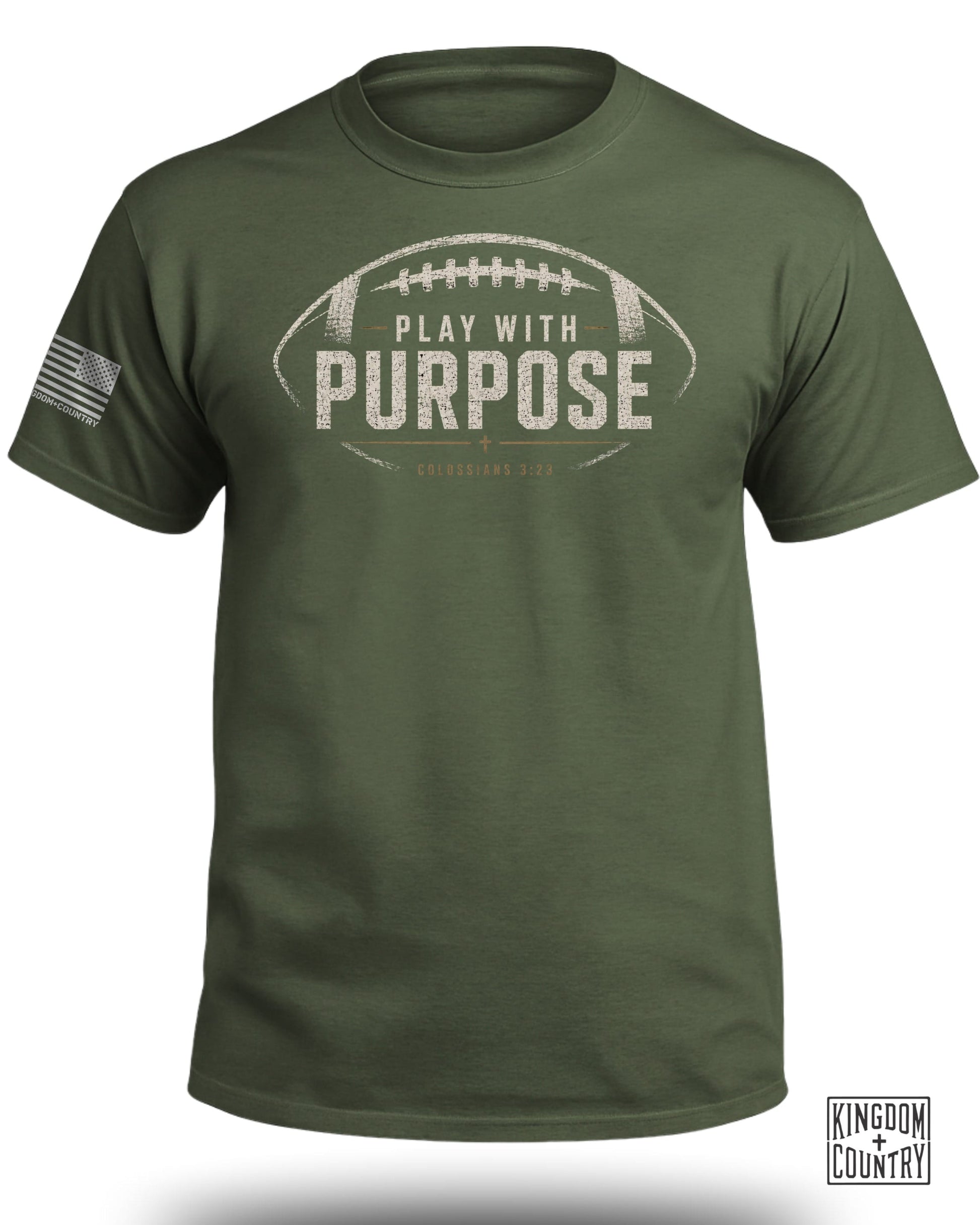 Olive t-shirt with distressed football graphic and text "PLAY WITH PURPOSE COLOSSIANS 3:23".