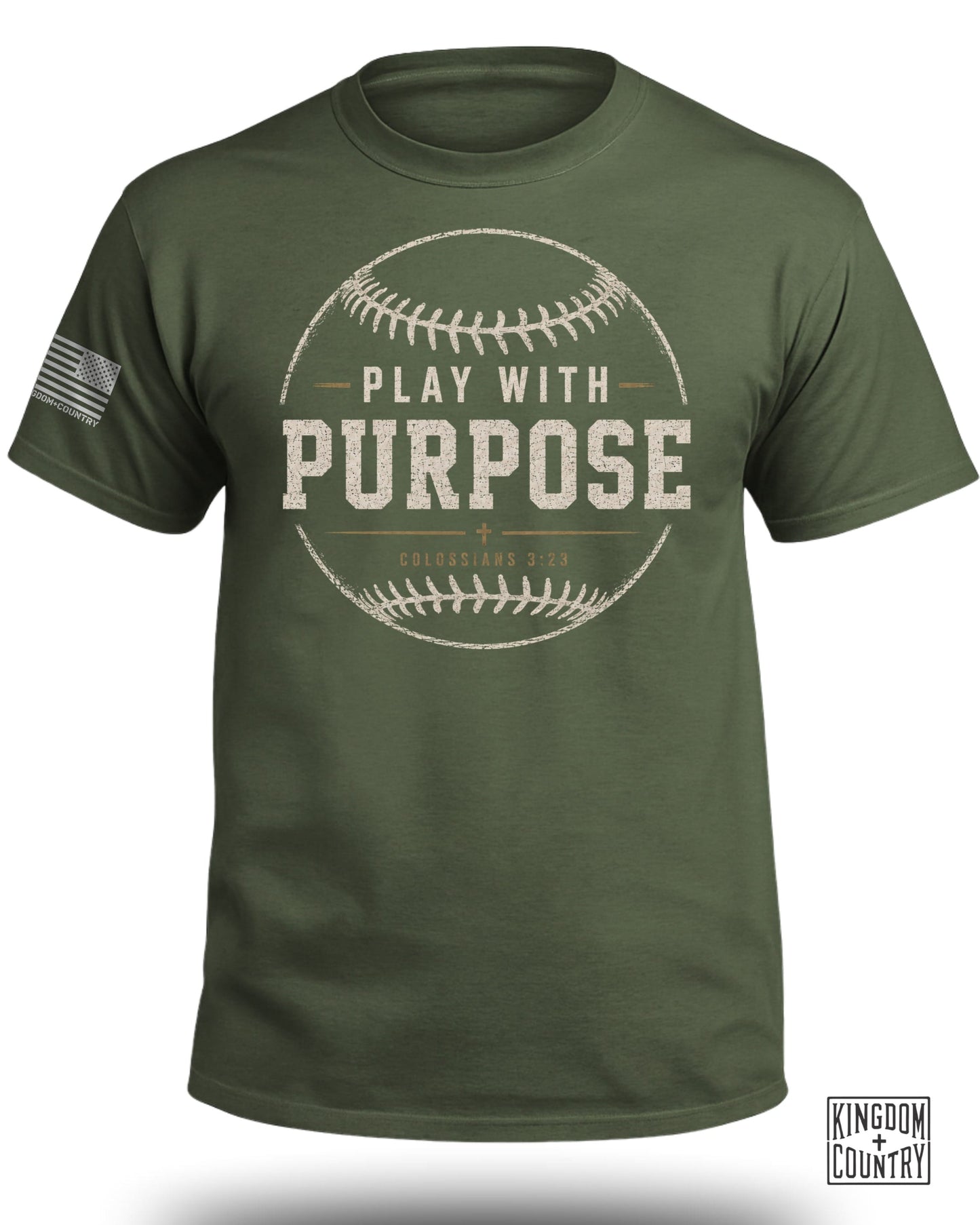 Green t-shirt with baseball graphic "Play With Purpose" and Colossians 3:23.