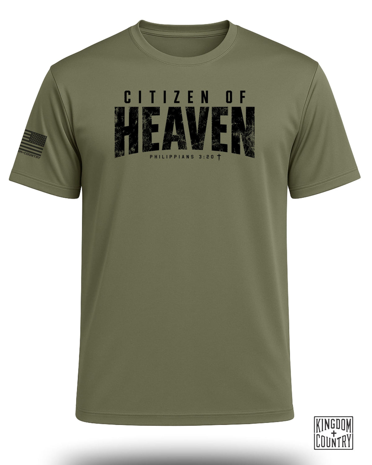 Olive green t-shirt with "CITIZEN OF HEAVEN PHILIPPIANS 3:20" printed on the front.
