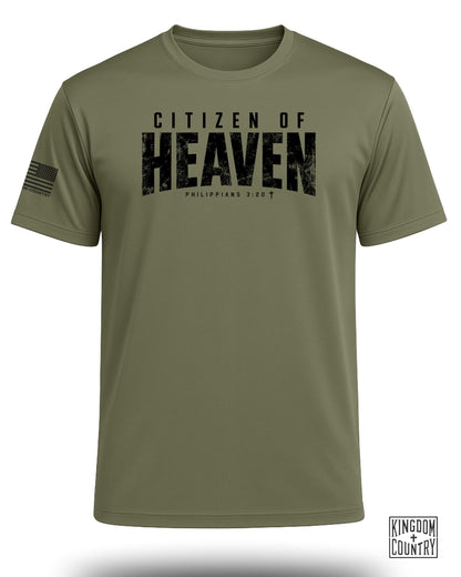 Olive green t-shirt with "CITIZEN OF HEAVEN PHILIPPIANS 3:20" printed on the front.
