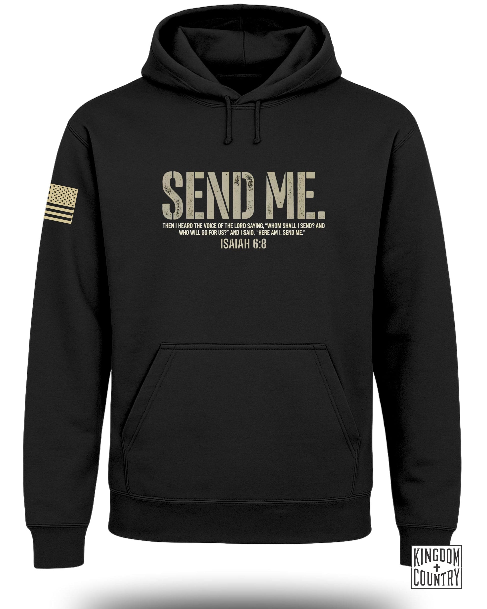 Black hoodie with "SEND ME" text and Isaiah 6:8 Bible verse.