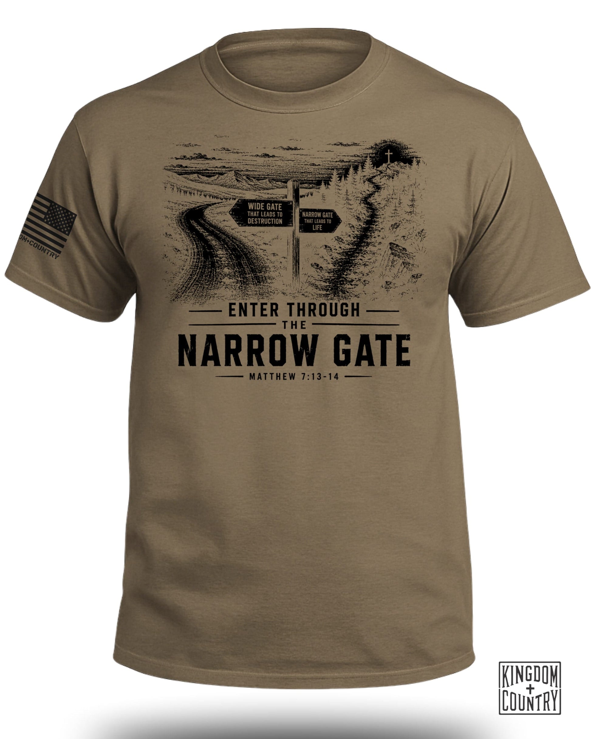 T-shirt with graphic depicting a fork in the road, "Enter Through the Narrow Gate".