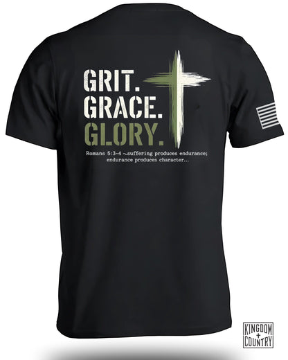 Grit Grace Glory words on black T-shirt product type