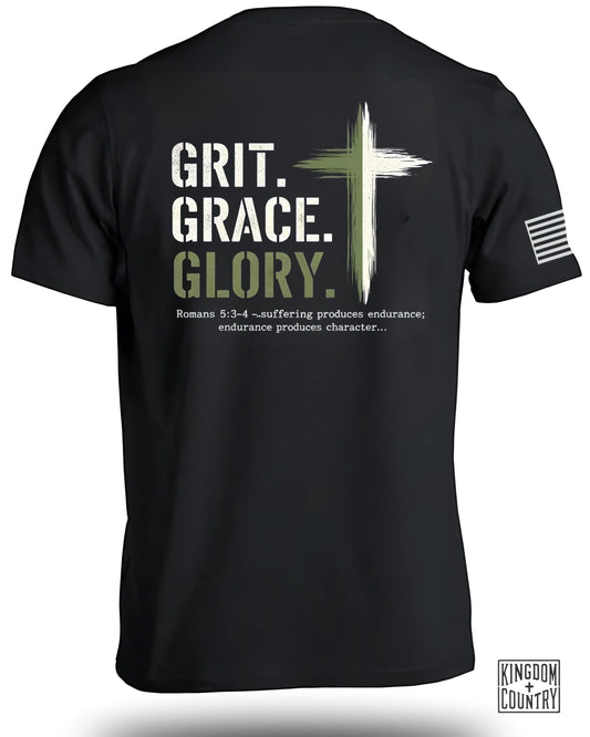 Grit Grace Glory words on black T-shirt product type