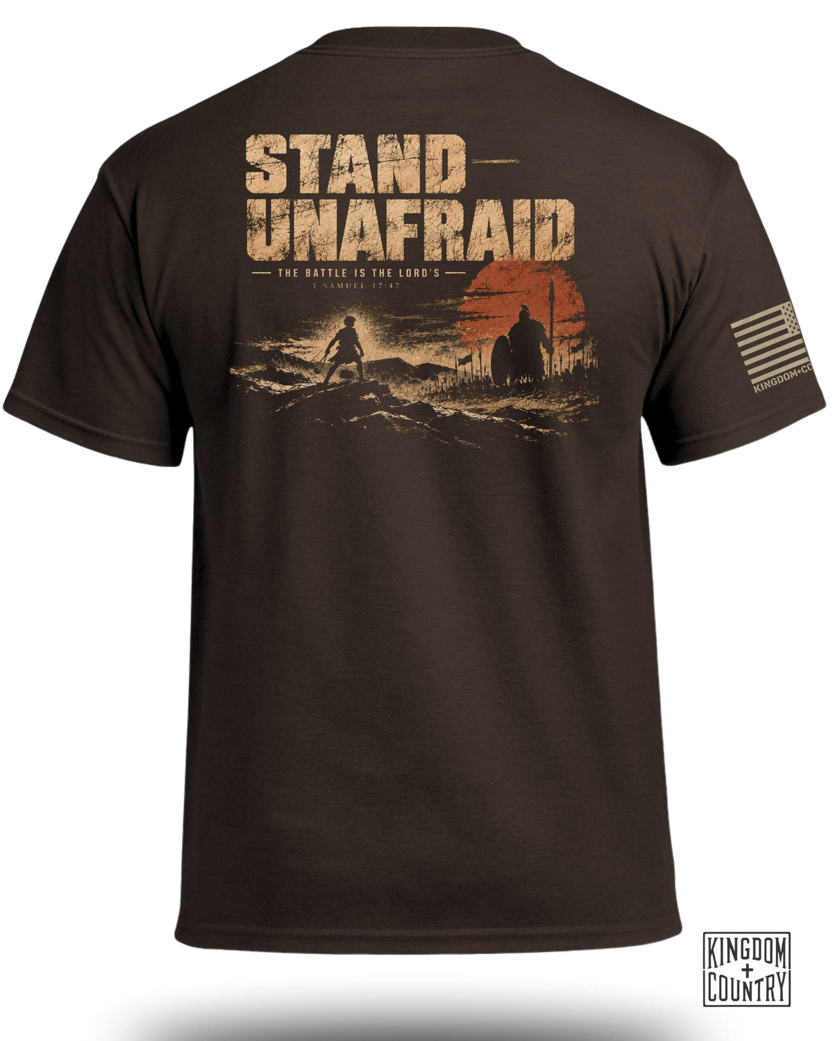 Brown t-shirt with "STAND UNAFRAID" and Bible verse 1 Samuel 17:47.