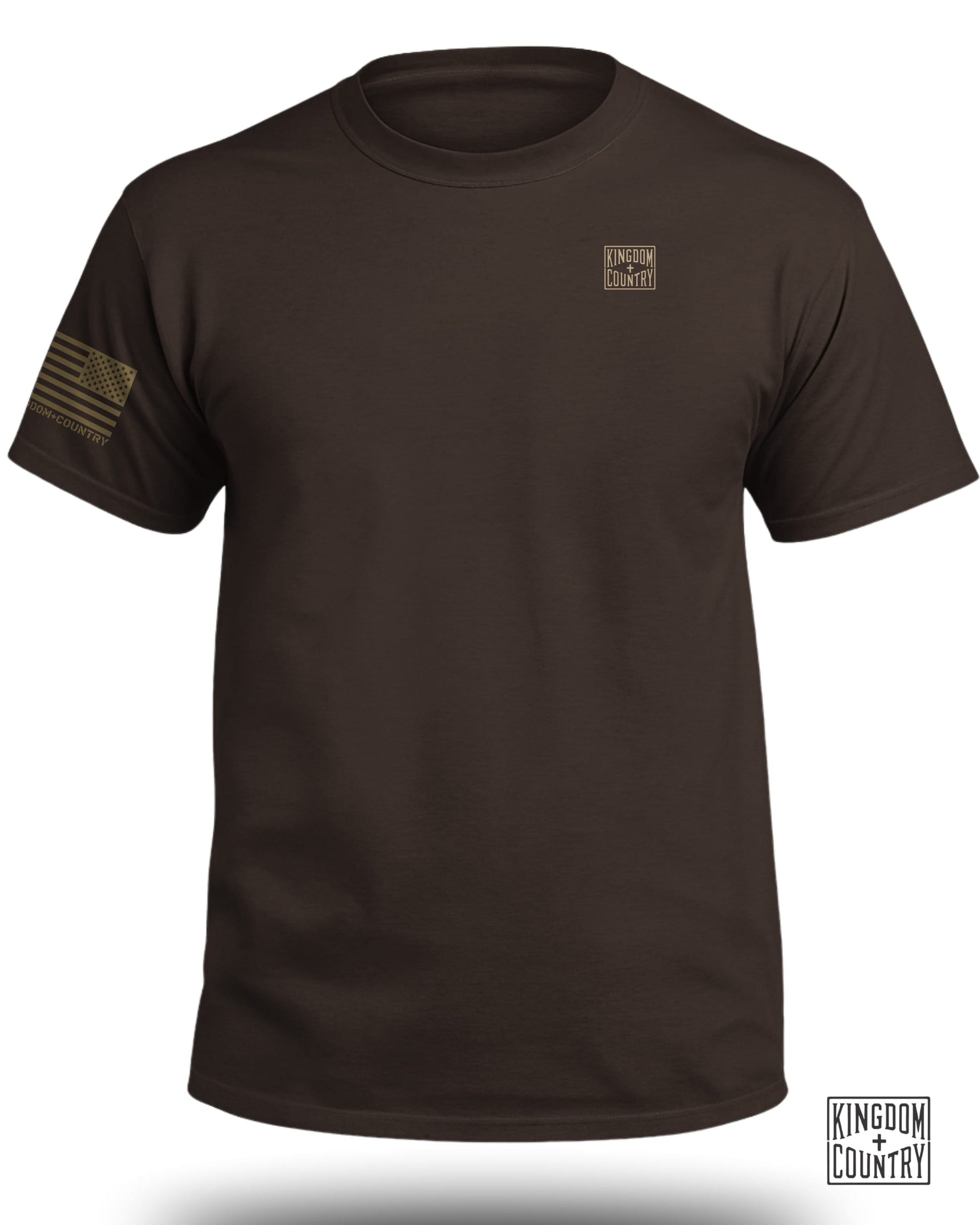 Brown t-shirt with Kingdom + Country logos on the chest and sleeve.