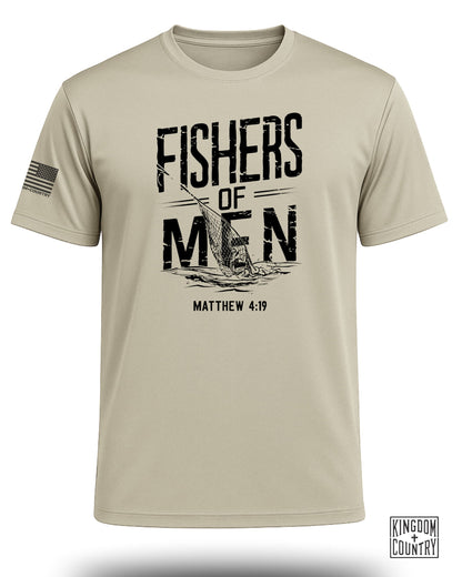Tan t-shirt with "Fishers of Men" and "Matthew 4:19" graphic.