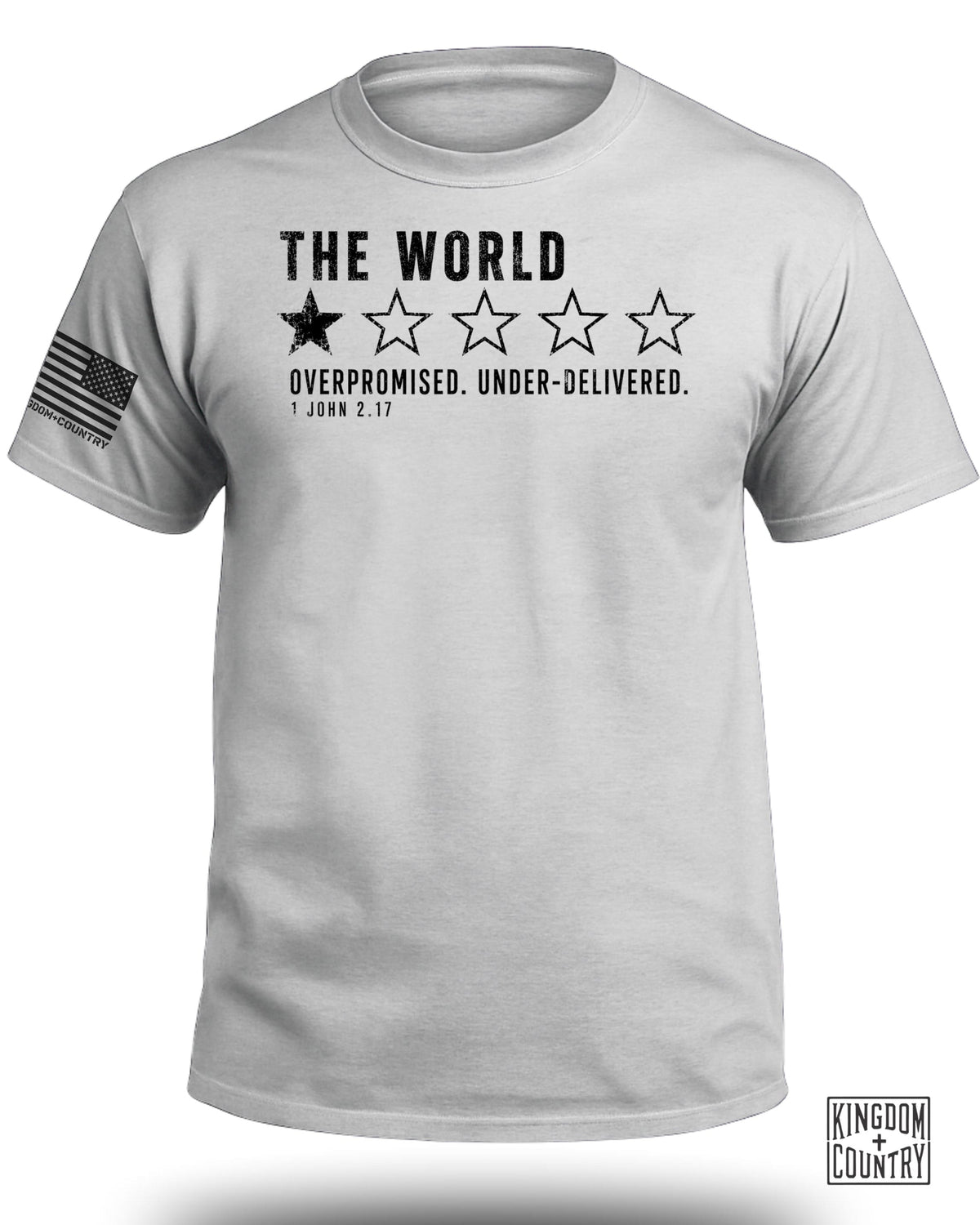 Gray t-shirt with "THE WORLD" and one filled star over four empty stars, text and logo.