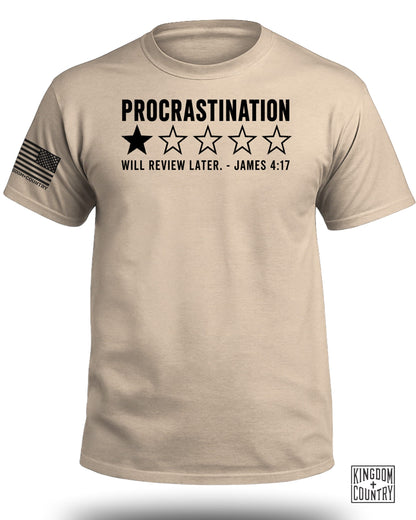 Tan t-shirt with "PROCRASTINATION" and one black star out of five.