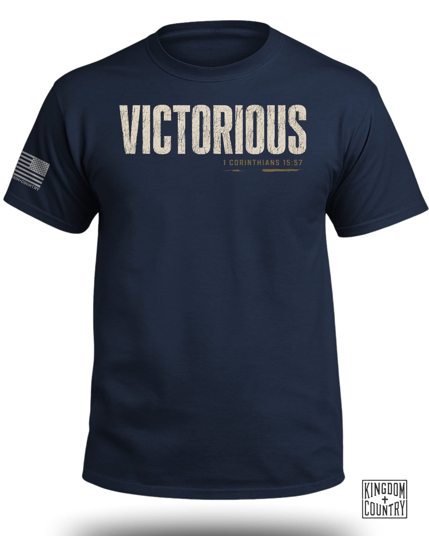 Navy t-shirt with "VICTORIOUS" and "1 Corinthians 15:57" text.