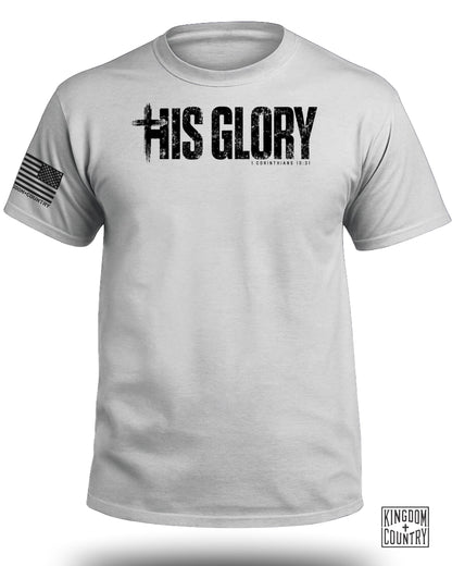 Light grey t-shirt with black distressed text "HIS GLORY" and "1 CORINTHIANS 10:31".