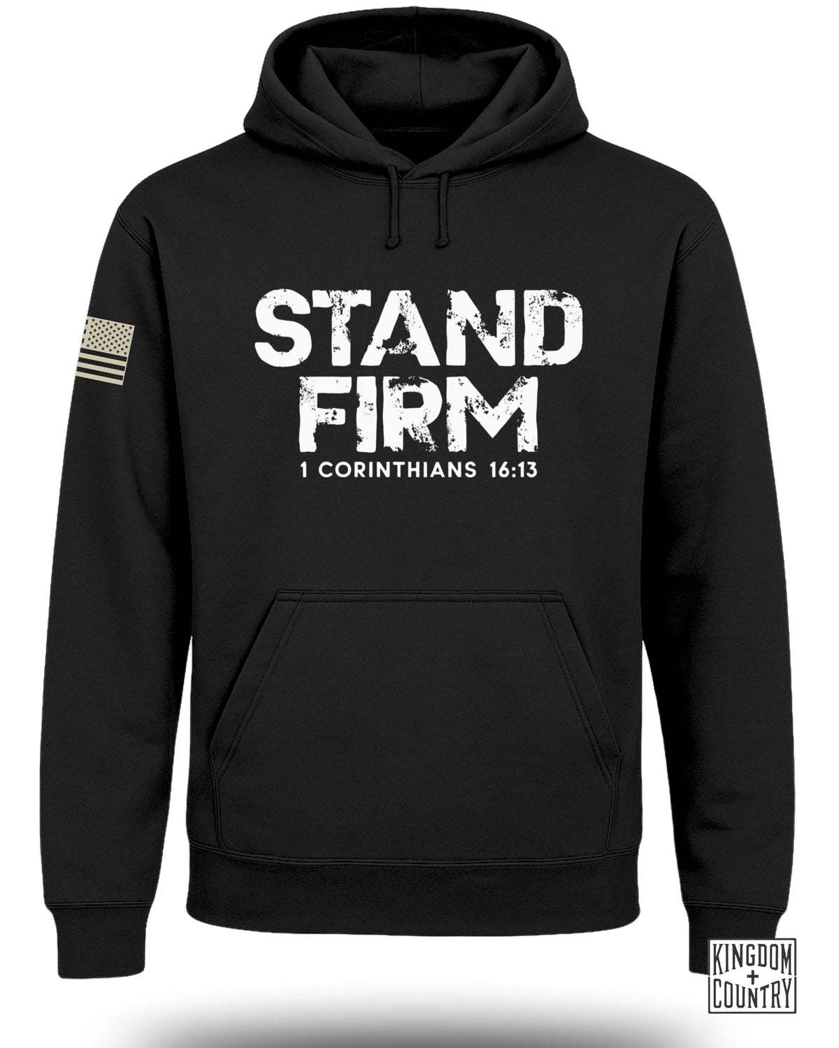 Black hoodie with white "STAND FIRM 1 CORINTHIANS 16:13" graphic and US flag patch.
