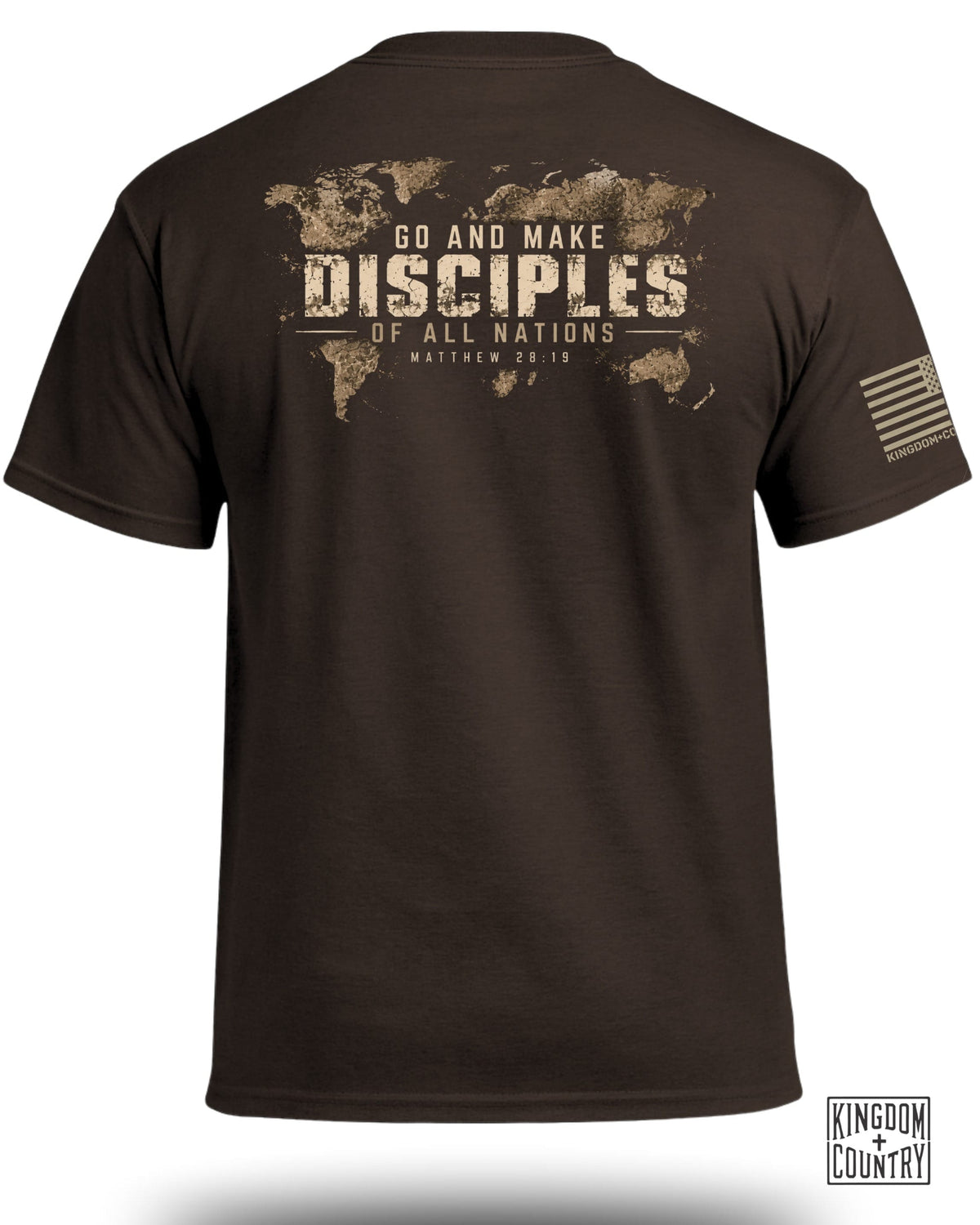 Brown t-shirt featuring a world map graphic on the back with text reading "Go and make disciples of all nations".