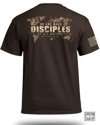 Brown t-shirt featuring a world map graphic on the back with text reading "Go and make disciples of all nations".