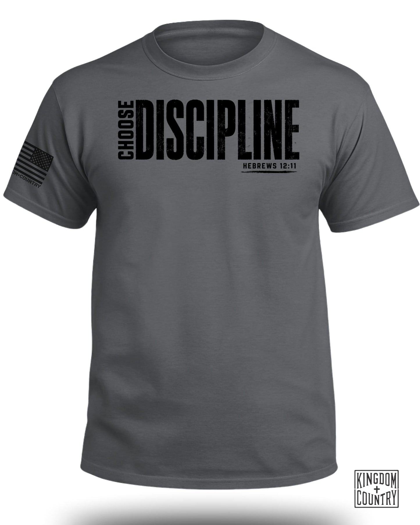 Graphic tee with "CHOOSE DISCIPLINE HEBREWS 12:11" text and American flag.
