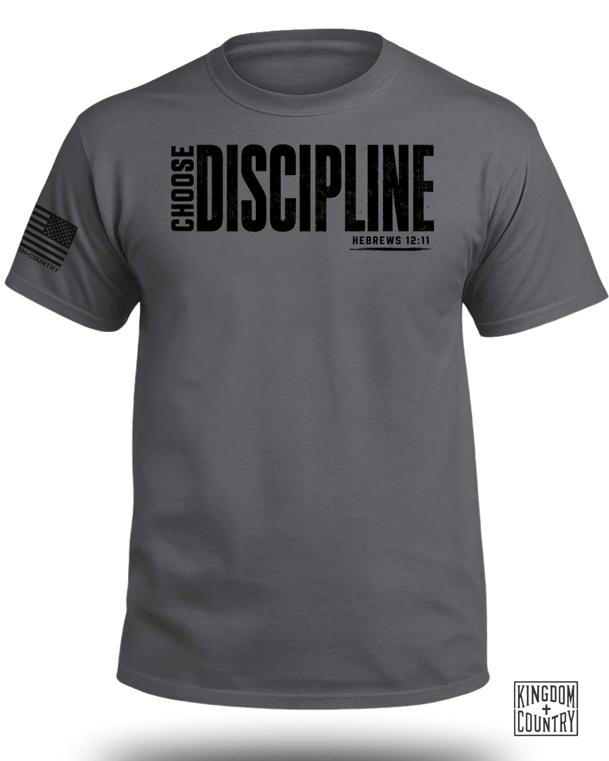 Graphic tee with "CHOOSE DISCIPLINE HEBREWS 12:11" text and American flag.