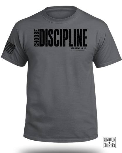 Graphic tee with "CHOOSE DISCIPLINE HEBREWS 12:11" text and American flag.