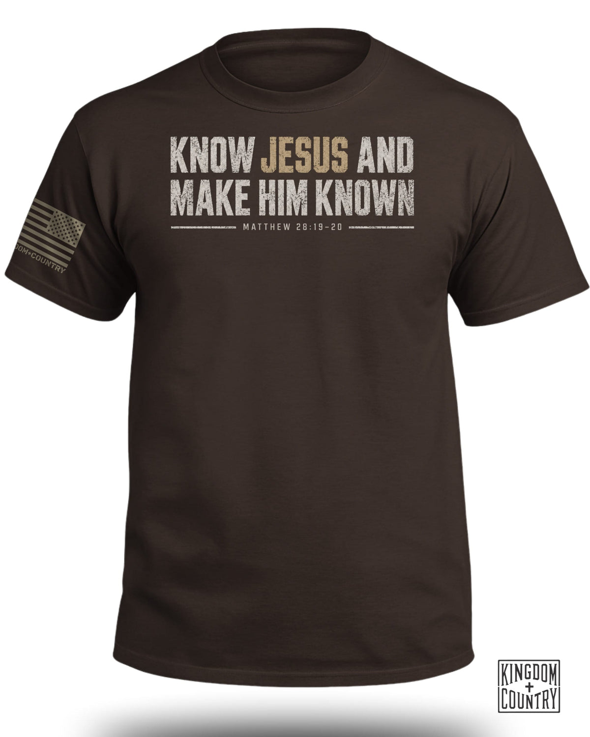 Brown t-shirt with "Know Jesus and Make Him Known" and scripture reference.