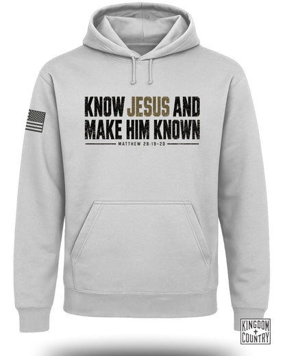Light gray hoodie with "KNOW JESUS AND MAKE HIM KNOWN" text and US flag patch.