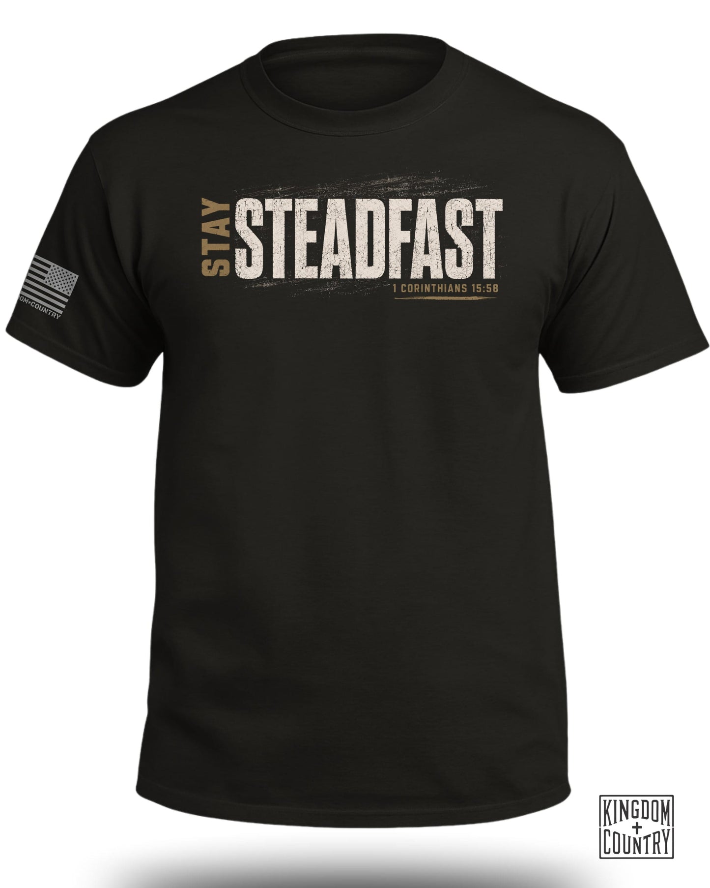 Black t-shirt with "STAY STEADFAST" text and 1 Corinthians 15:58.