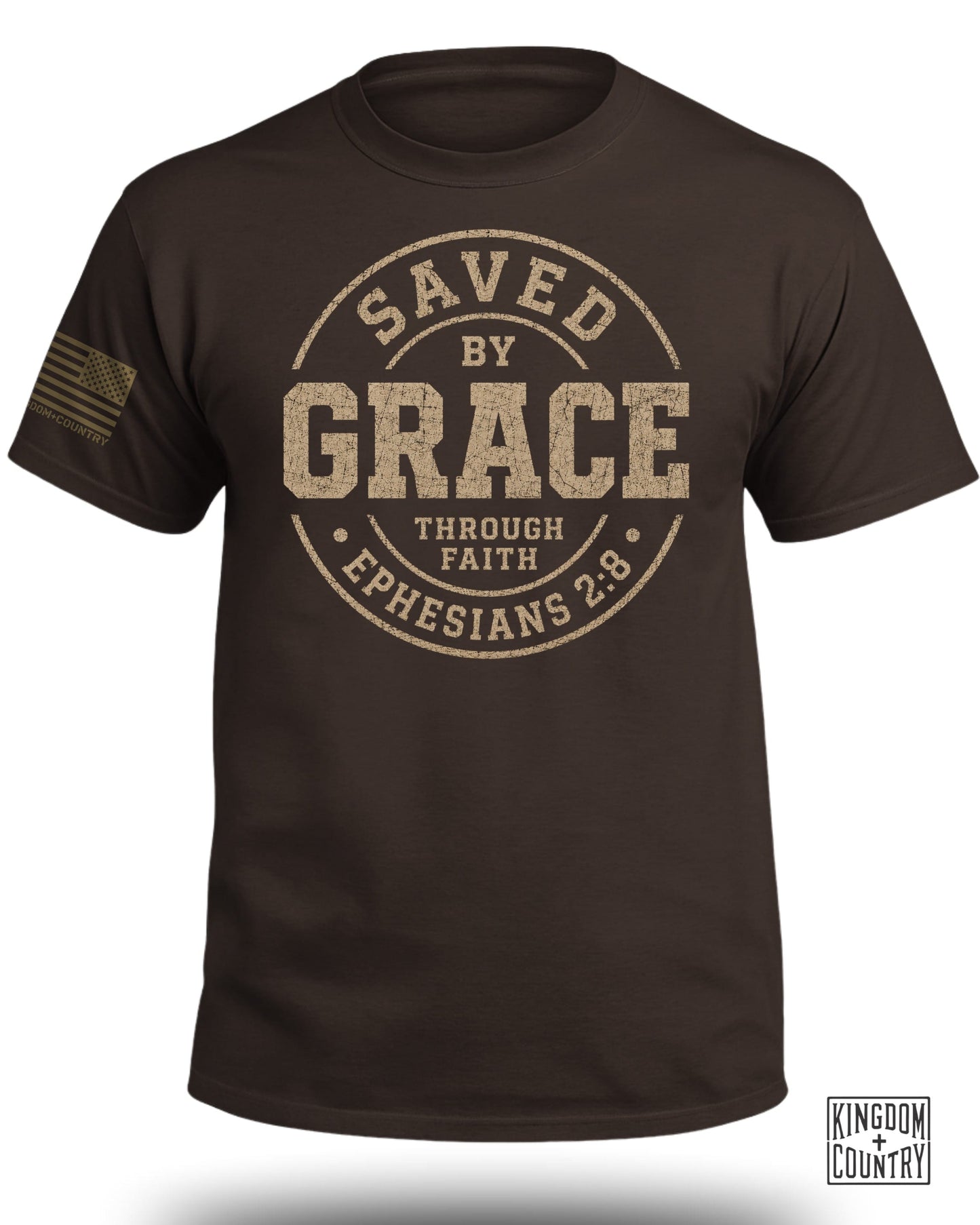 Brown t-shirt with "Saved by Grace Through Faith Ephesians 2:8" text design.