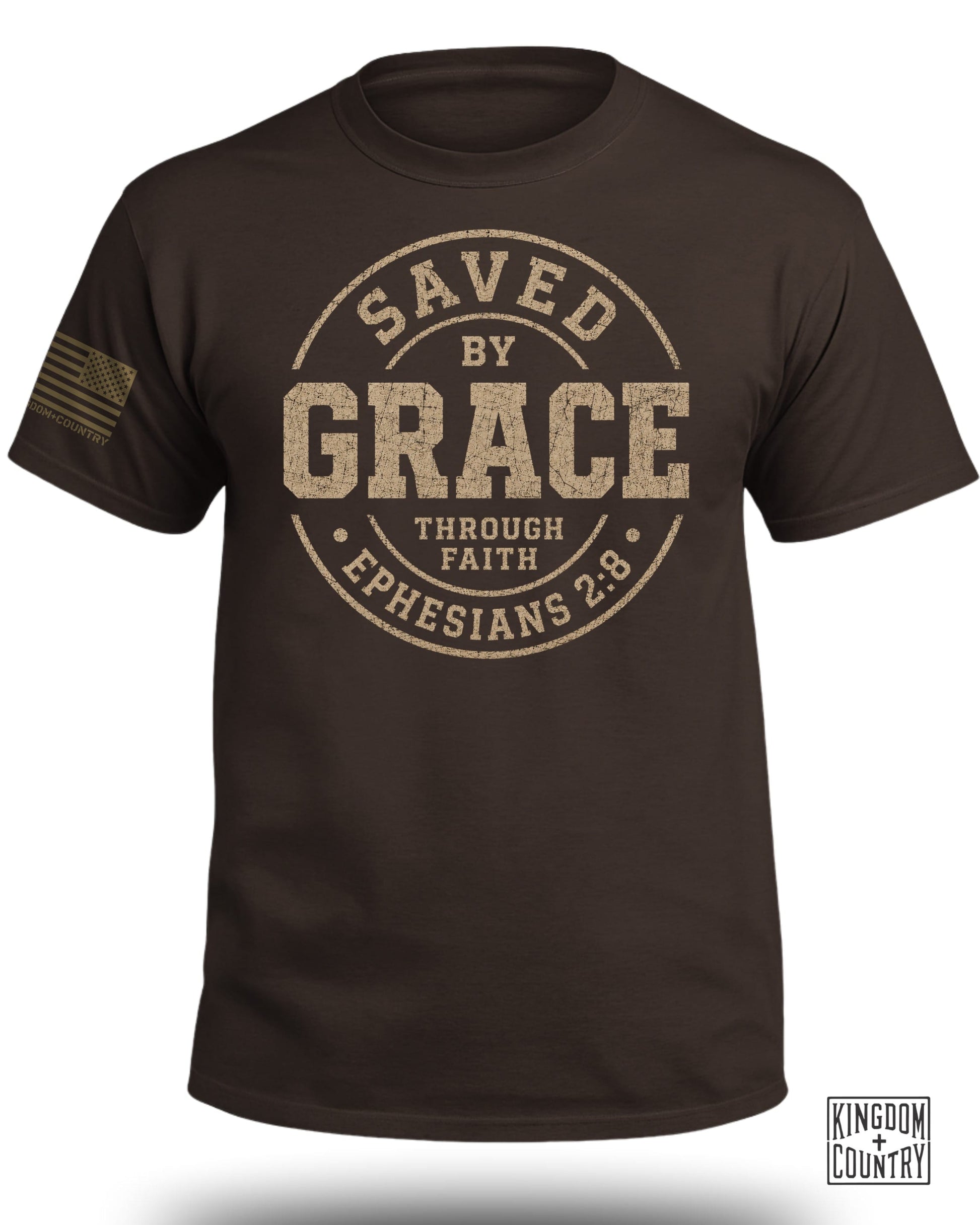 Brown t-shirt with "Saved by Grace Through Faith Ephesians 2:8" text design.
