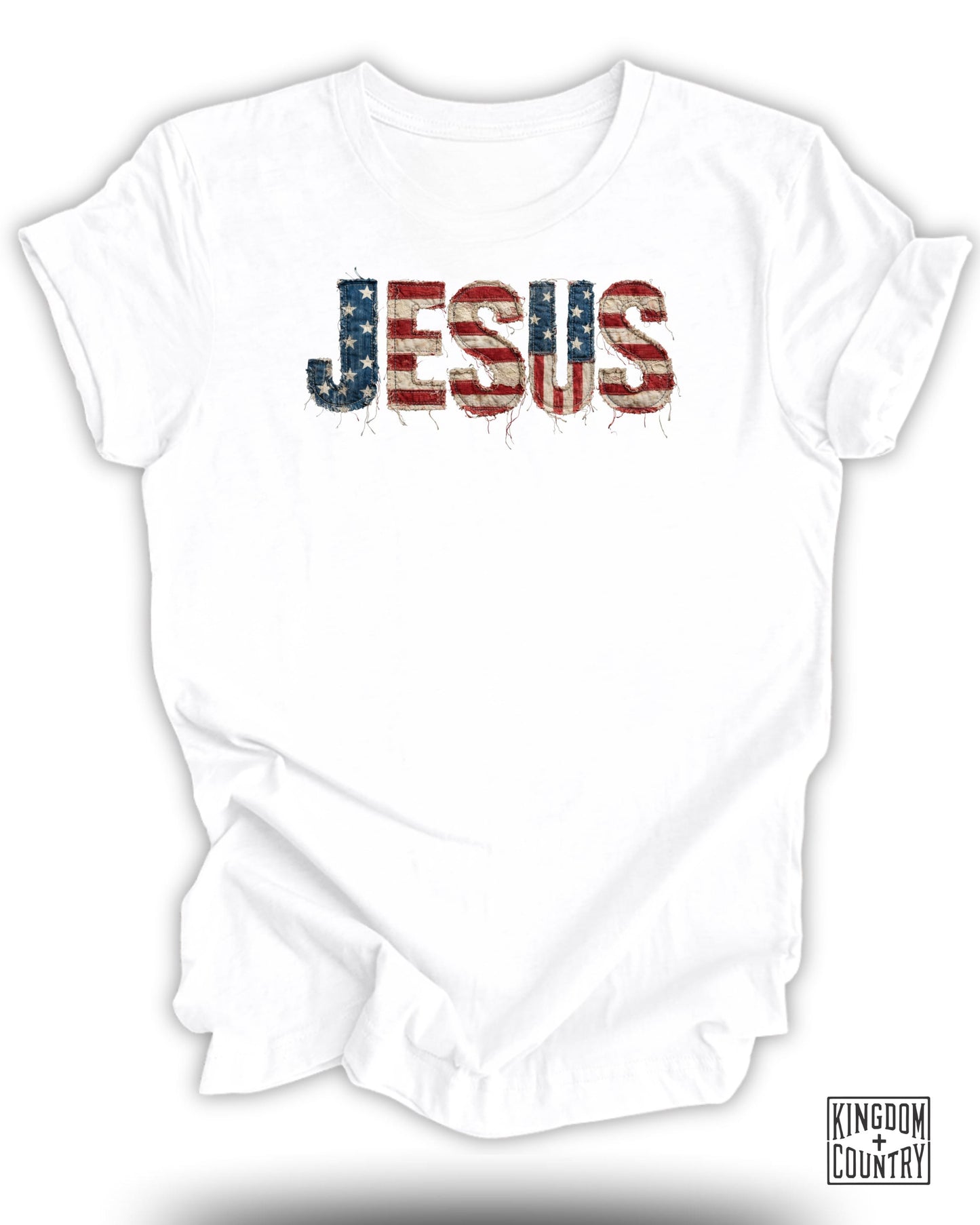White t-shirt with distressed American flag graphic spelling out "JESUS".