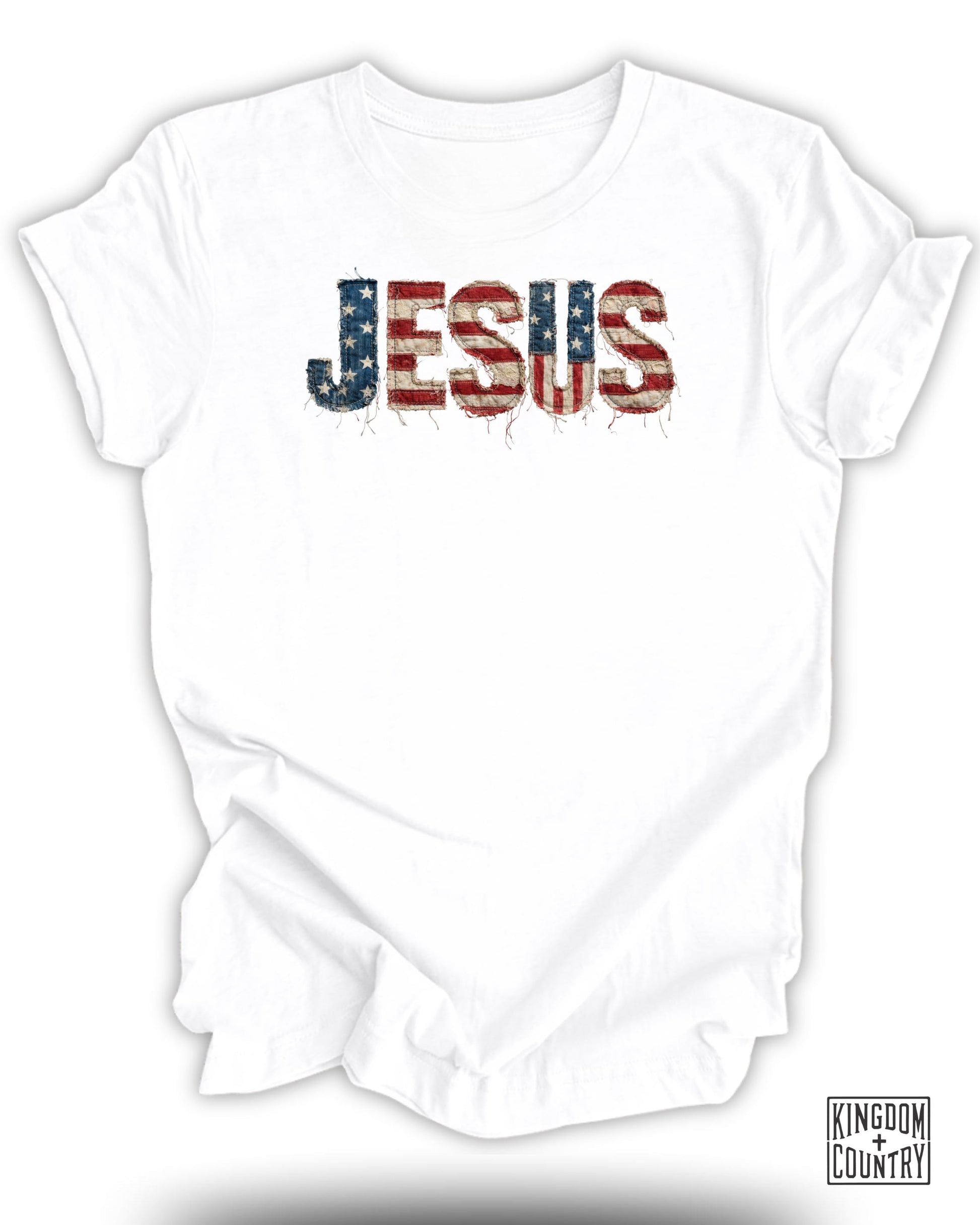 White t-shirt with distressed American flag graphic spelling out "JESUS".