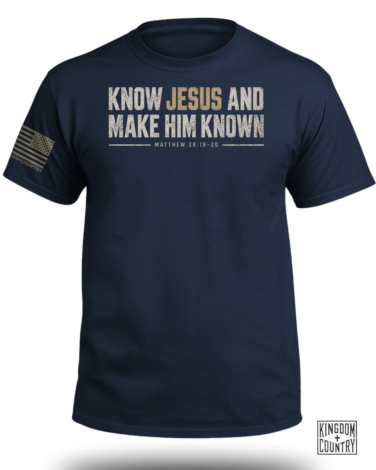 Dark blue t-shirt with "Know Jesus and Make Him Known" text.