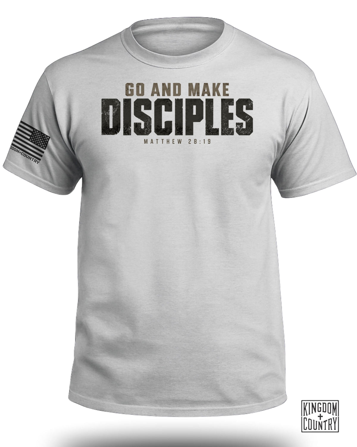 Light gray short-sleeve t-shirt with Go and Make Disciples printed on the chest.